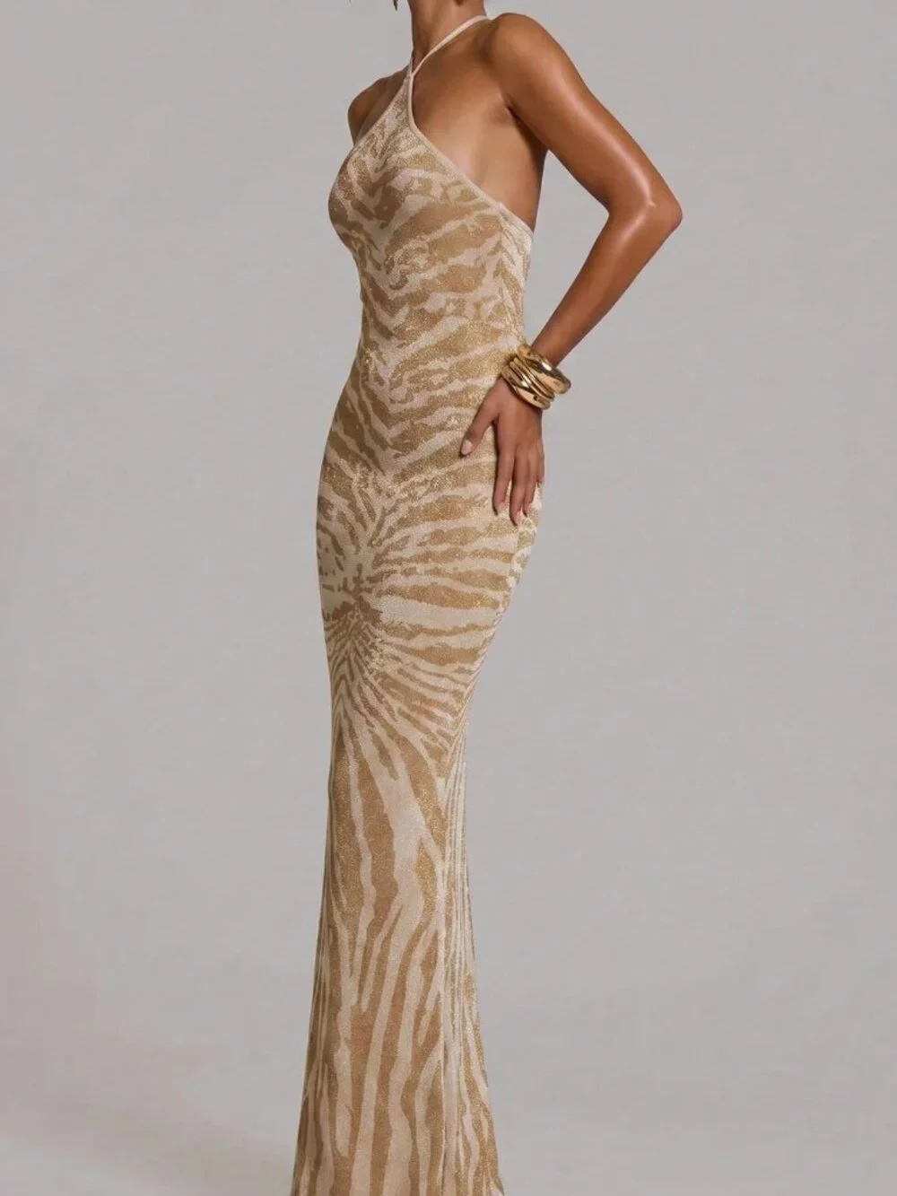 Brown Fitted Knit Halterneck Maxi Women's Dress